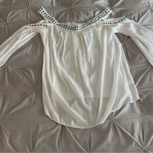 White Top with Studded Sleeves off shoulder sheer Shirt Small new w/o tag